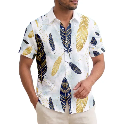 Metallic Gold Tribal Feathers Jagged Ocean Waves Tropical Home Decor Gift Hawaiian Shirt