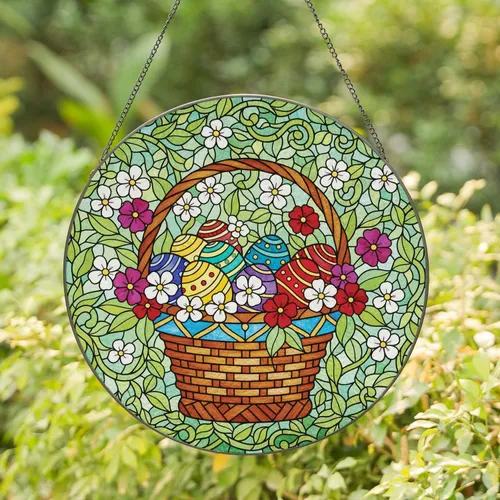 Easter Basket Floral Eggs Spring Leaves Mosaic - Easter Holiday Home Decor Gift Stained Glass Suncatcher