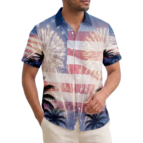 American Flag Fireworks Palm Trees - Independence Day Patriotic Tropical Gift Hawaiian Shirt