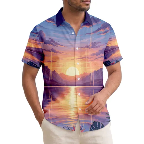 Twilight Mountain Lake Sunset Jagged Peaks Tropical Flowers - Landscape Home Decor Gift Hawaiian Shirt