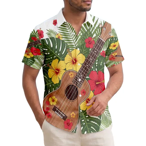 Ukulele Hibiscus Palm Leaves Tropical Scene Everyday Gift for Music Lovers Hawaiian Shirt