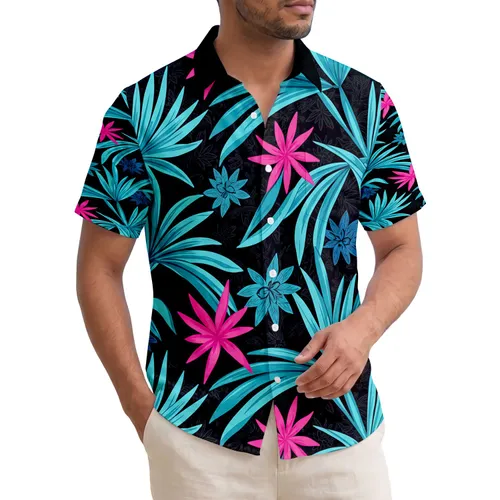 Aqua Blue Palm Leaves Fuchsia Floral - Tropical Lifestyle Home Decor Gift Hawaiian Shirt
