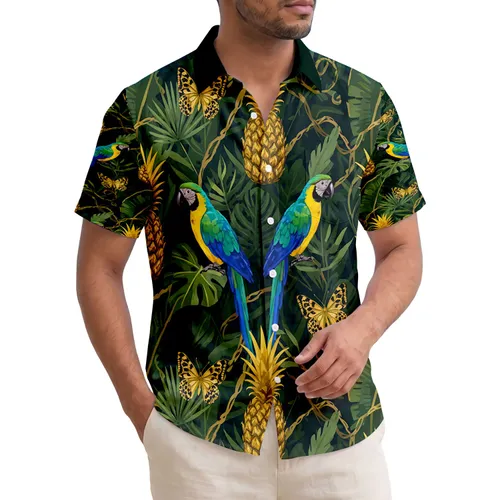 Vibrant Parrots Golden Pineapples Tropical Jungle Leaves - Tropical Lifestyle Decor Gift Hawaiian Shirt