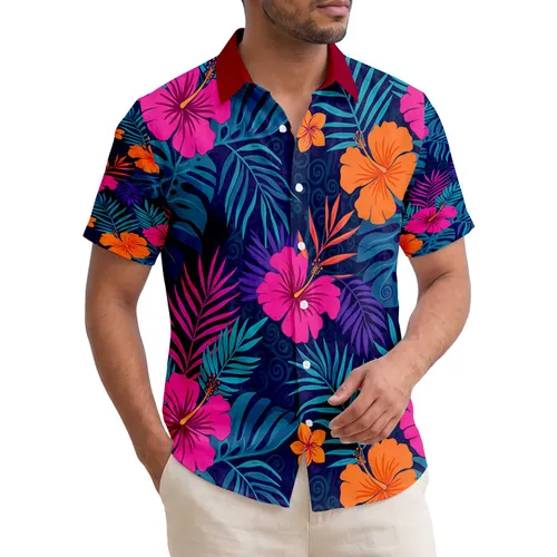 Fuchsia Pink Orange Hibiscus Flowers Blue Purple Tropical Palm Fronds - Island Getaway Gift Hawaiian Shirt