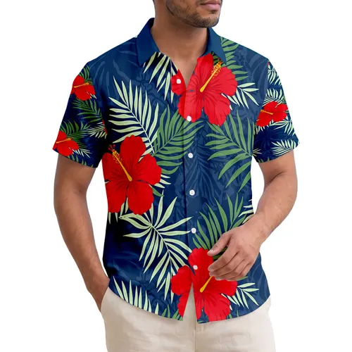 Vibrant Red Hibiscus Flowers Lush Green Palm Fronds Tropical Foliage - Home Decor Gift Hawaiian Shirt
