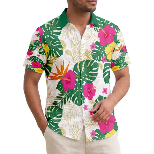 Tropical Monstera Palm Hibiscus Bird of Paradise Golden Pineapple - Home Decor Gift Hawaiian Shirt