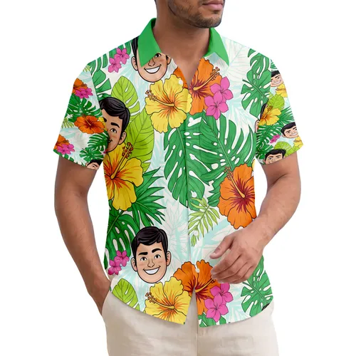 Smiling Male Heads Tropical Flowers Hibiscus Foliage - Island Vacation Lifestyle Gift Hawaiian Shirt