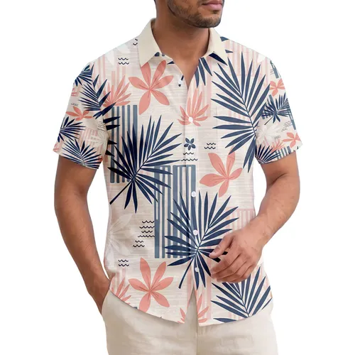 Tropical Palm Fronds Leaves Geometric Color Blocks Stripes - Home Decor Gift Hawaiian Shirt