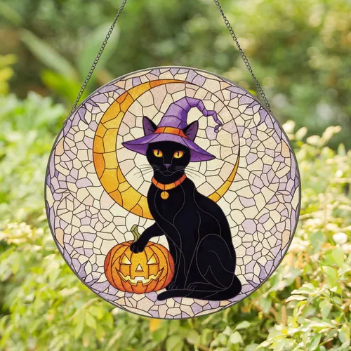 Black Cat Witch Hat Jack-o'-lantern Crescent Moon - Halloween Decor Gift for Cat Lover Stained Glass Suncatcher