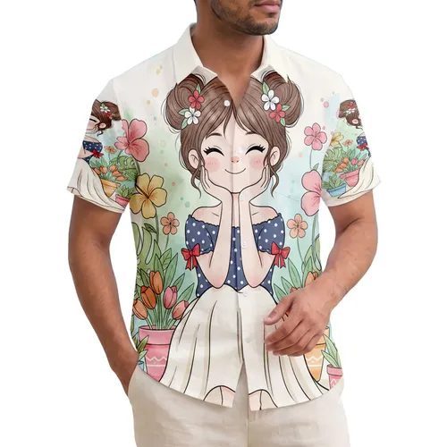 Cartoon Girl Floral Buns Island Garden - Tropical Vacation Gift Hawaiian Shirt