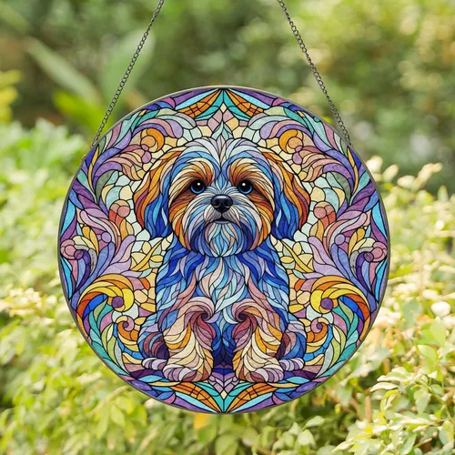 Shih Tzu Dog Full-Bleed Stained Glass Floral Geometric Mosaic - Home Decor Gift for Dog Lovers Stained Glass Suncatcher