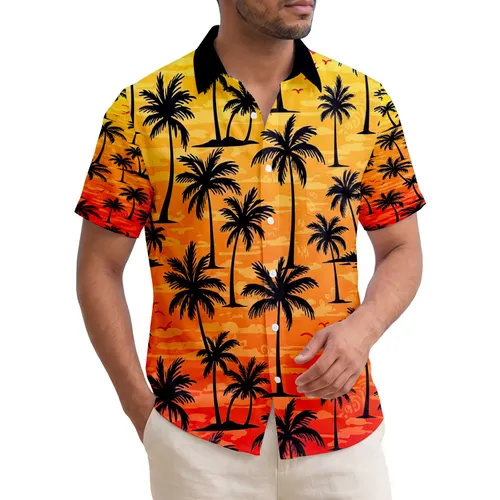 Black Palm Tree Red Bird Sunset Tropical Getaway Gift Hawaiian Shirt