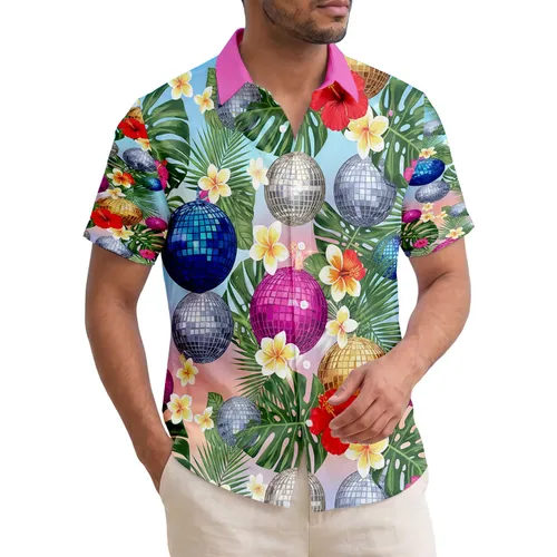 Disco Ball Tropical Flowers Palm Leaves - Tropical Evening Lifestyle Gift Hawaiian Shirt