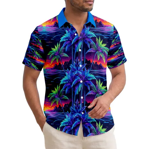 Neon Palm Tree Luminous Ocean Synthwave Sunset - Tropical Lifestyle Gift Hawaiian Shirt