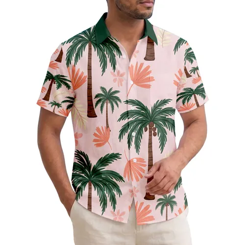 Dark Green Palm Trees Coral Fan Leaves Pale Fronds Blush Background Home Decor Gift Hawaiian Shirt