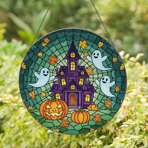 Haunted House Ghosts Jack-o'-Lantern Spiderweb Halloween Decor Stained Glass Suncatcher