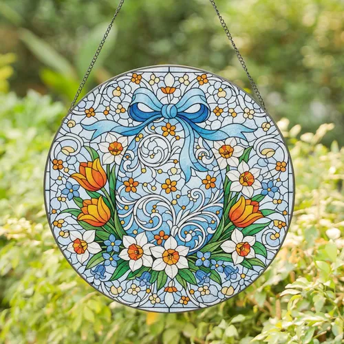 Ornate Easter Egg Blue Bow Floral Bouquet - Easter Holiday Home Decor Gift Stained Glass Suncatcher