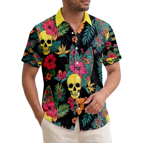 Yellow Blue Skulls Surfboards Pineapple Floral - Travel Essentials Hawaiian Shirt