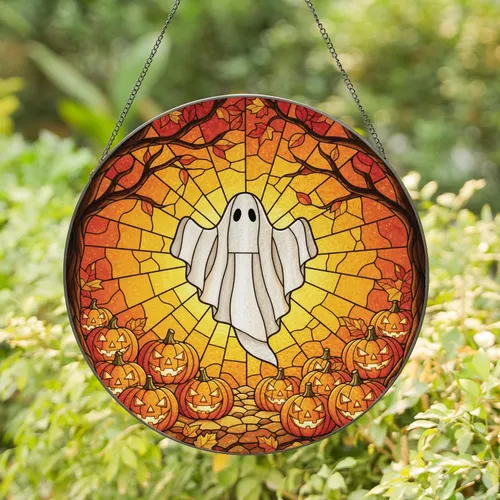 White Sheet Ghost Jack-o'-lantern Autumn Foliage Sunset - Halloween Home Decor Gift Stained Glass Suncatcher
