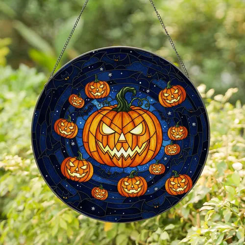 Jack-o'-lantern Pumpkins Flying Bats Stars - Halloween Party Decor Gift Stained Glass Suncatcher