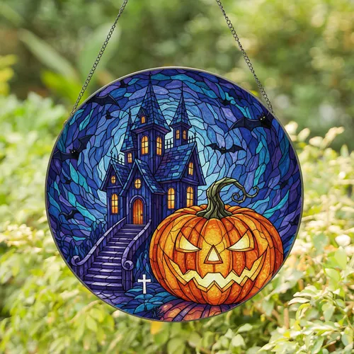 Grinning Jack-o'-lantern Haunted Mansion Bats - Halloween Party Decor Stained Glass Suncatcher