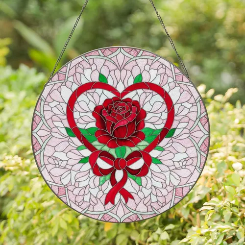 Crimson Rose Radiating Petals Red Heart Ribbon Bow Green Leaves - Home Decor Gift Stained Glass Suncatcher