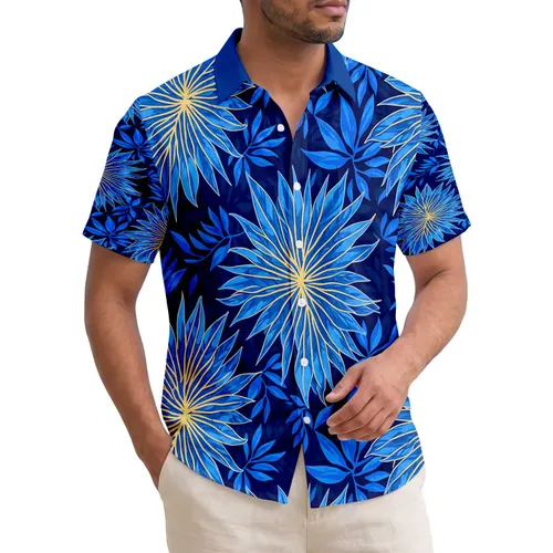 Electric Blue Deep Navy Golden Yellow Feathered Palm Fronds - Tropical Home Decor Gift Hawaiian Shirt