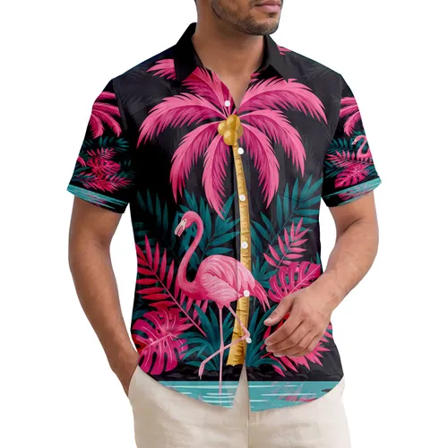 Pink Flamingo Palm Tree Tropical Leaves Water Scene - Tropical Home Decor Gift Hawaiian Shirt