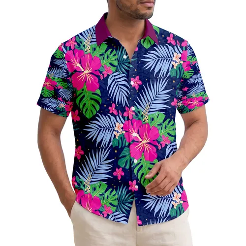 Fuchsia Hibiscus Pink Blossoms Green Monstera Blue Palm Fronds - Home Decor Gift Hawaiian Shirt