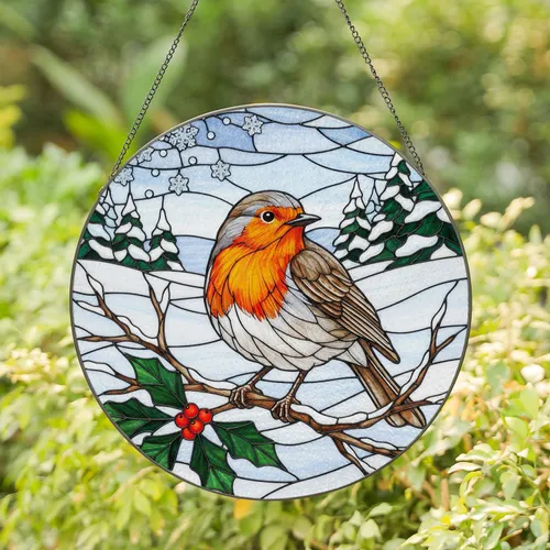 Robin Bird Holly Berries Winter Snow - Christmas Home Decor Gift for Bird Lover Stained Glass Suncatcher