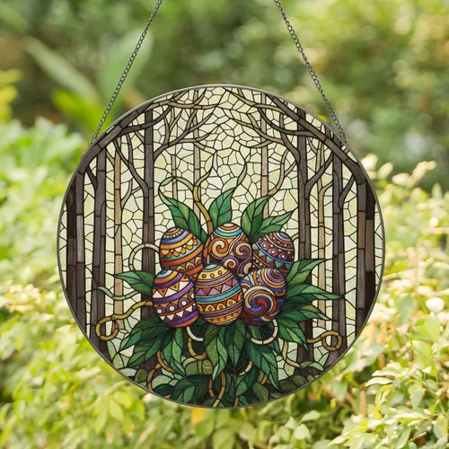 Six Ornate Swirling Easter Eggs Green Foliage Forest Sky - Easter Home Decor Gift Stained Glass Suncatcher