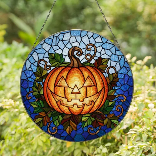 Glowing Jack-o'-lantern Autumn Foliage Mosaic Glass - Halloween Party Home Decor Gift Stained Glass Suncatcher