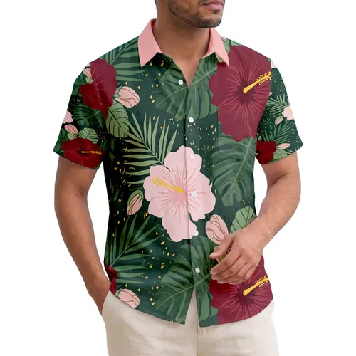 Maroon Blush Pink Hibiscus Lush Deep Green Tropical Leaves - Everyday Home Decor Gift Hawaiian Shirt