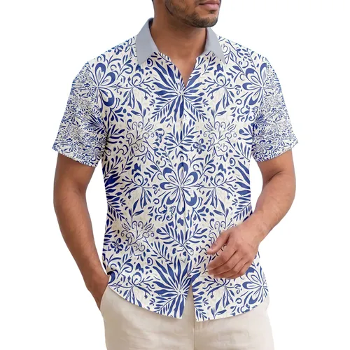 Cream Blue Leaves Branches Vines Tropical Floral - Everyday Lifestyle Home Decor Gift Hawaiian Shirt