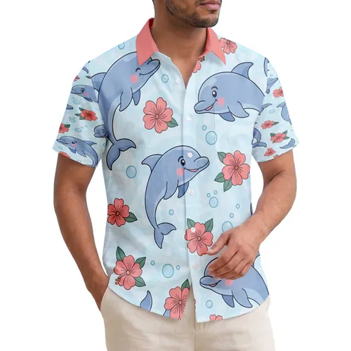 Friendly Dolphin Hibiscus Flowers - Tropical Wildlife Lover Gift for Ocean Life Lovers Hawaiian Shirt