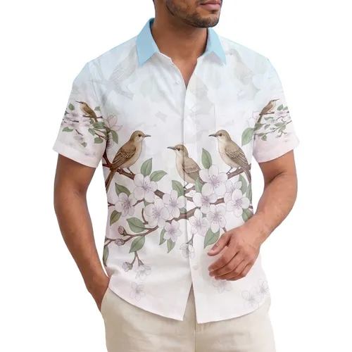 Flowering Branches Tropical Birds White Lavender Blossoms - Nature Lover Home Decor Gift Hawaiian Shirt