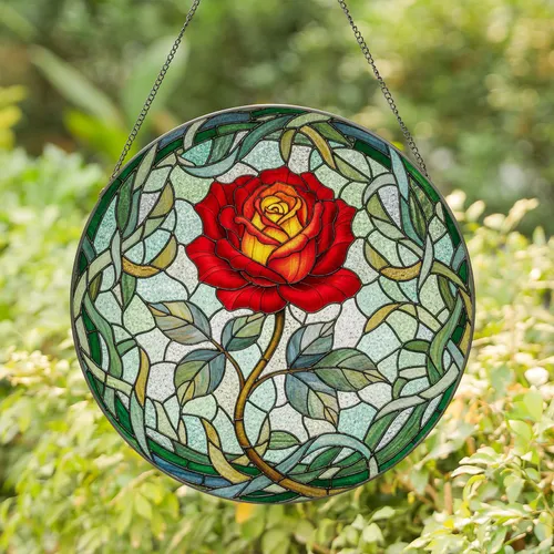 Full Bloom Red Rose Petals Leaves Vine - Home Decor Gift for Garden Flower Lover Stained Glass Suncatcher