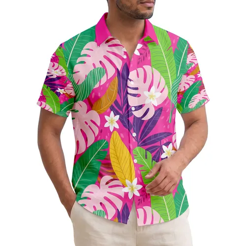 Tropical Banana Monstera Plumeria Leaves Hot Pink Background - Home Decor Gift Hawaiian Shirt