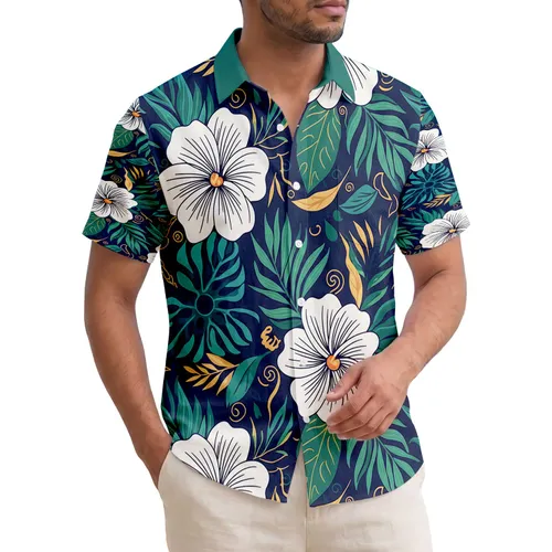 White Tropical Flowers Orange-Yellow Centers Teal Leaves - Everyday Lifestyle Gift Hawaiian Shirt