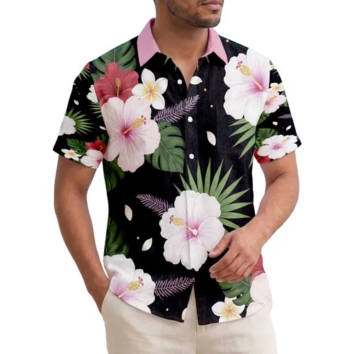 White Pink Hibiscus Tropical Flowers Palm Fronds Floral - Summer Getaway Gift Hawaiian Shirt