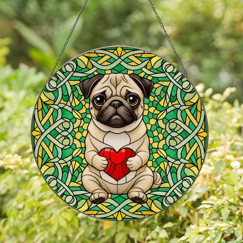 Pug Dog Holding Red Heart with Scroll Frame Mosaic Glass - Home Decor Gift for Dog Lovers Stained Glass Suncatcher