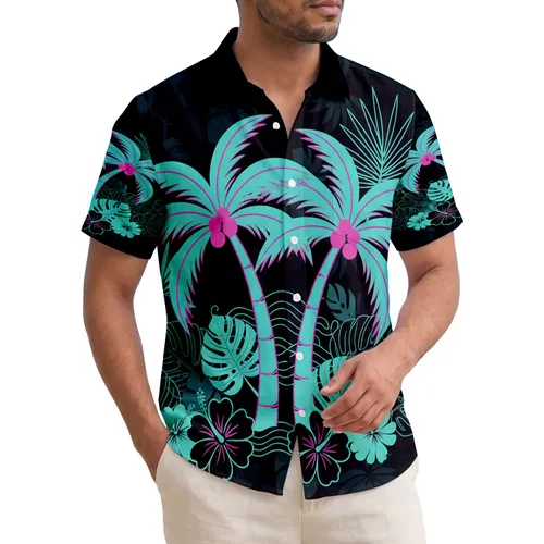 Palm Trees Monstera Hibiscus with Tropical Waves - Summer Vacation Home Decor Gift Hawaiian Shirt
