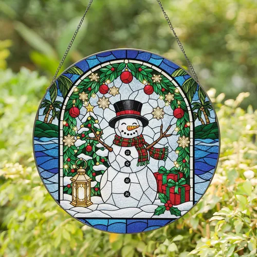 Snowman Tropical Beach Window Frame Winter Holiday Home Decor Stained Glass Suncatcher