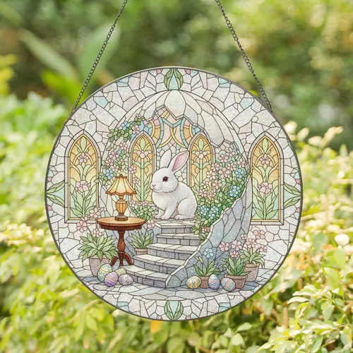 Easter Bunny Grotto Flowering Plants Stone Staircase - Easter Home Decor Gift Stained Glass Suncatcher