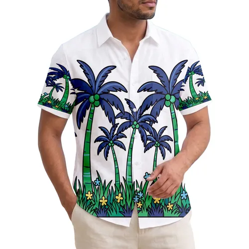 Palm Trees Five Petal Flowers Foliage Horizon White Background - Home Decor Gift Hawaiian Shirt