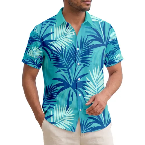 Teal Dark Blue Overlapping Palm Tree Fronds Leaves Tropical Home Lifestyle Gift Hawaiian Shirt