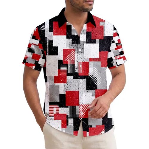 Volcanic Sunset Island Blocks Palm Frond Lines Distressed - Home Decor Gift Hawaiian Shirt