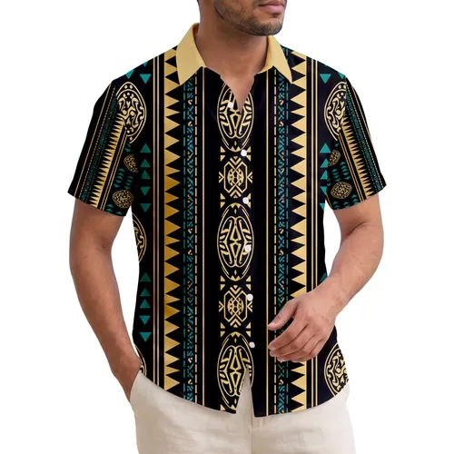 Tropical Polynesian Gold Teal Stripes Diamonds Ovals - Home Decor Gift Hawaiian Shirt