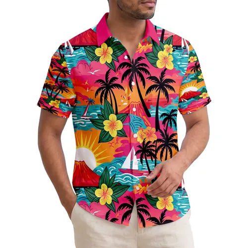 Palm Trees Volcanic Islands Sailboats Sunset Ocean Flowers - Tropical Vacation Gift Hawaiian Shirt