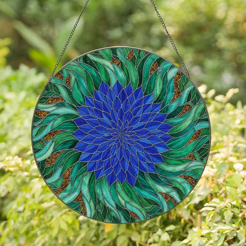 Radiant Tessellated Petal Dahlia Flower Organic Leaf Swirls - Home Decor Gift for Plant Lover Stained Glass Suncatcher